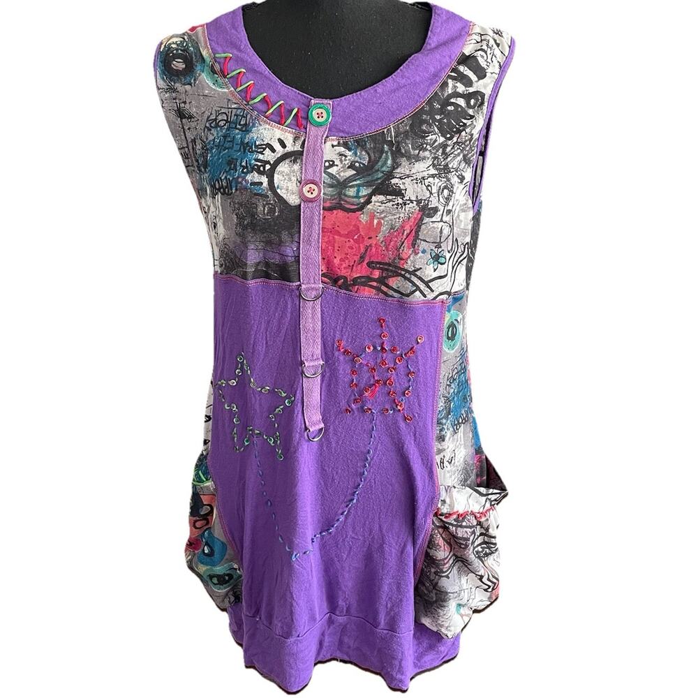 Forla Paris Top Womens LARGE Patchwork Embroidered Pockets Colorful Purple Y2K